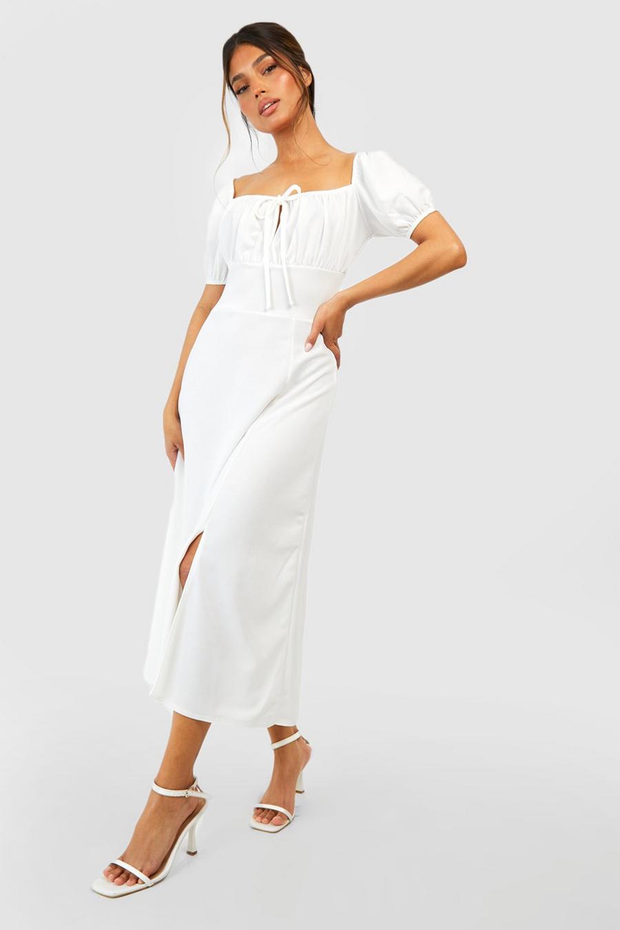 Ivory white Puff Sleeve Midi Dress