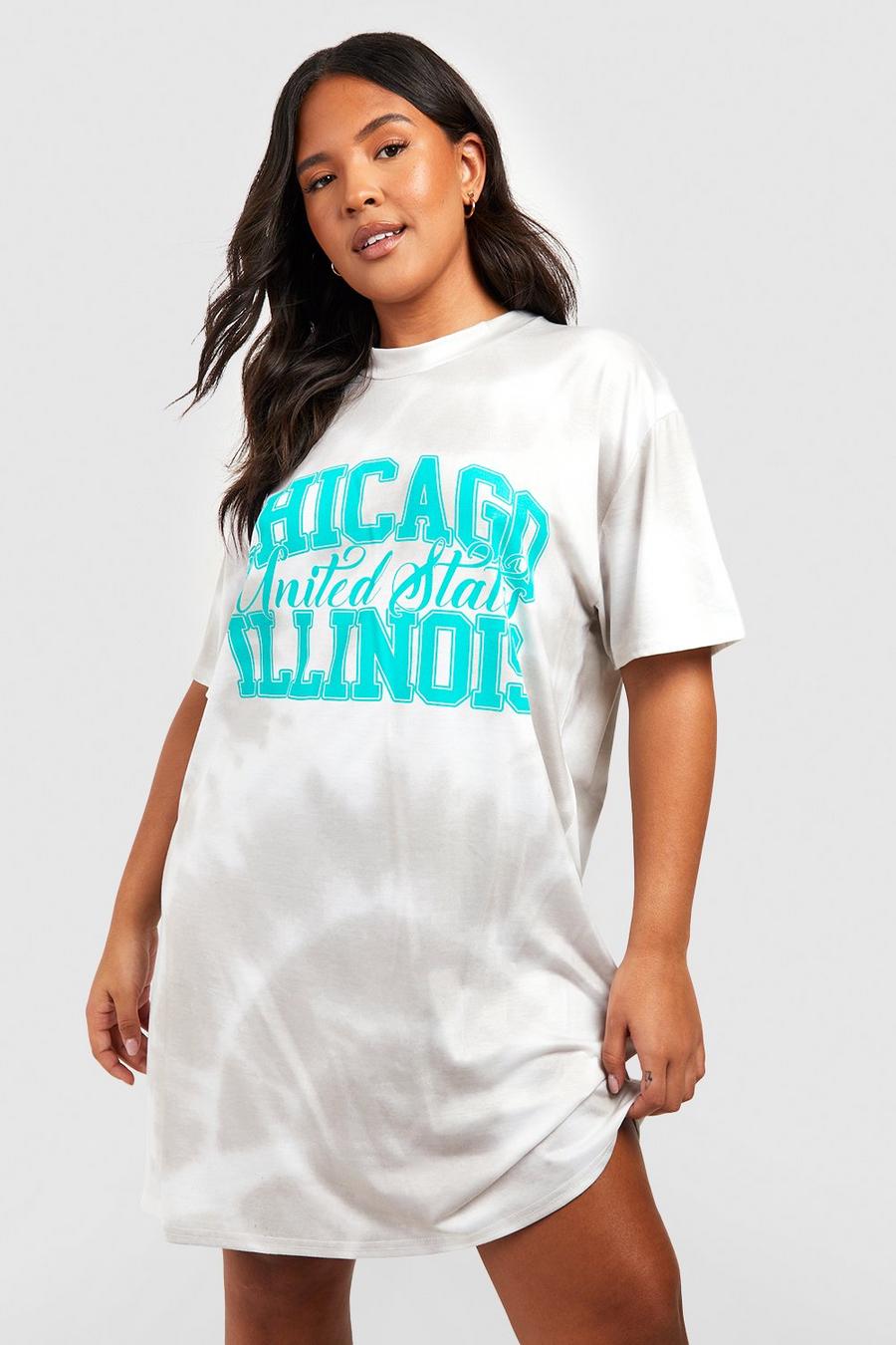 Vestido camiseta Plus con desteñido anudado y eslogan de Chicago, Stone
