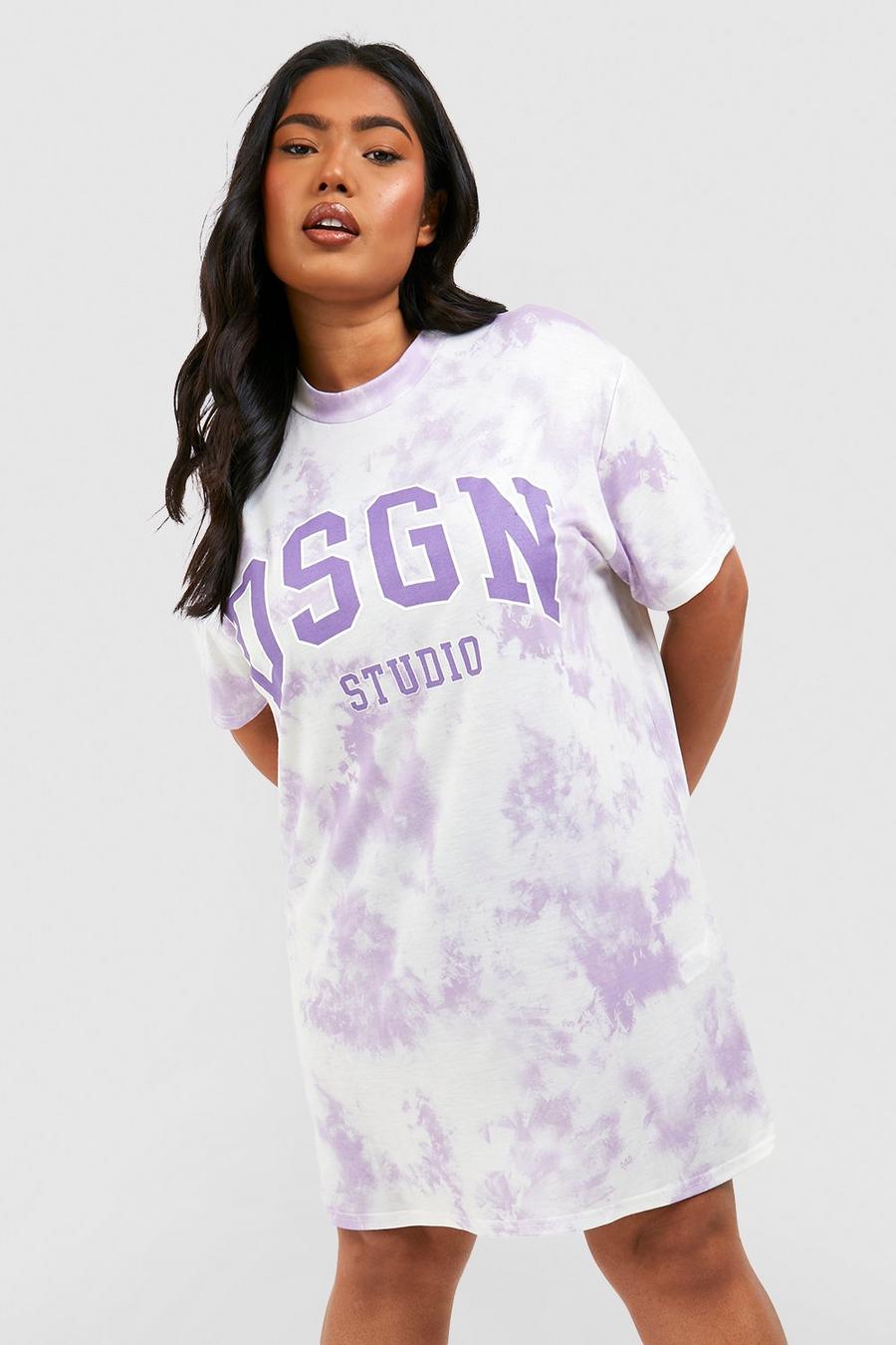 Vestido camiseta Plus con desteñido anudado y estampado Dsgn Studio, Lilac