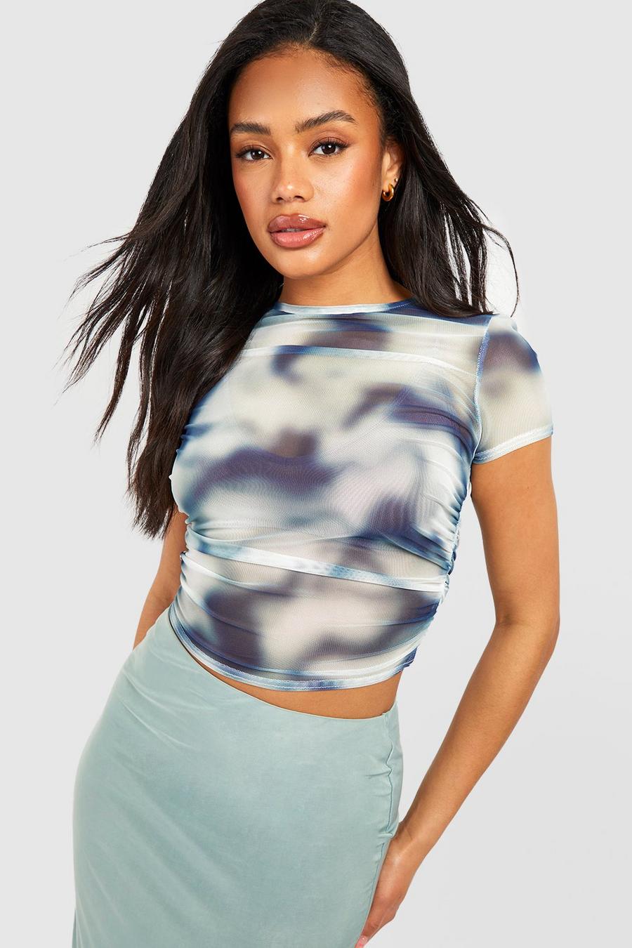 Blue Printed Mesh Cap Sleeve Ruched Side Top