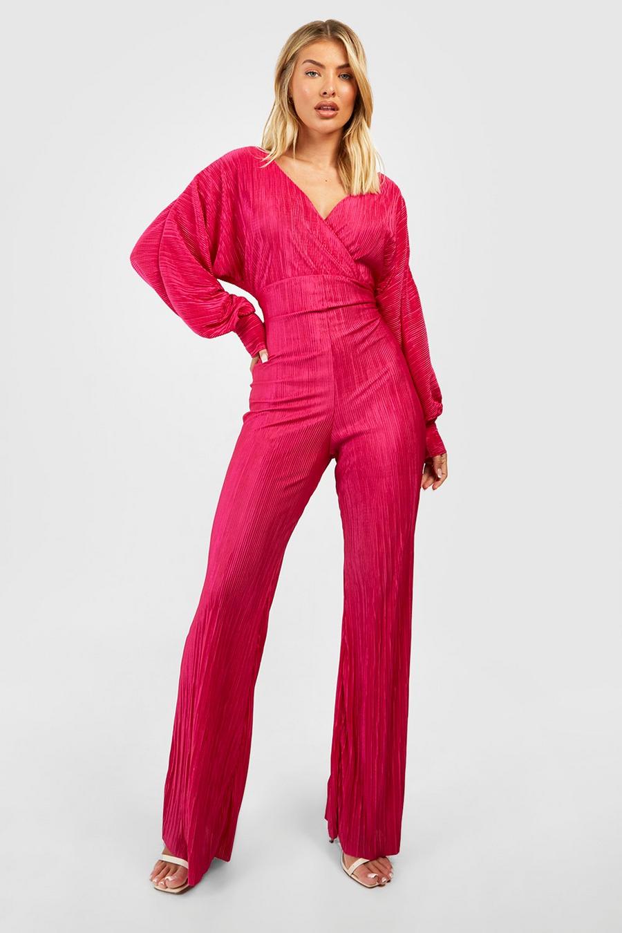 Pink Plisse Wrap Front Jumpsuit 