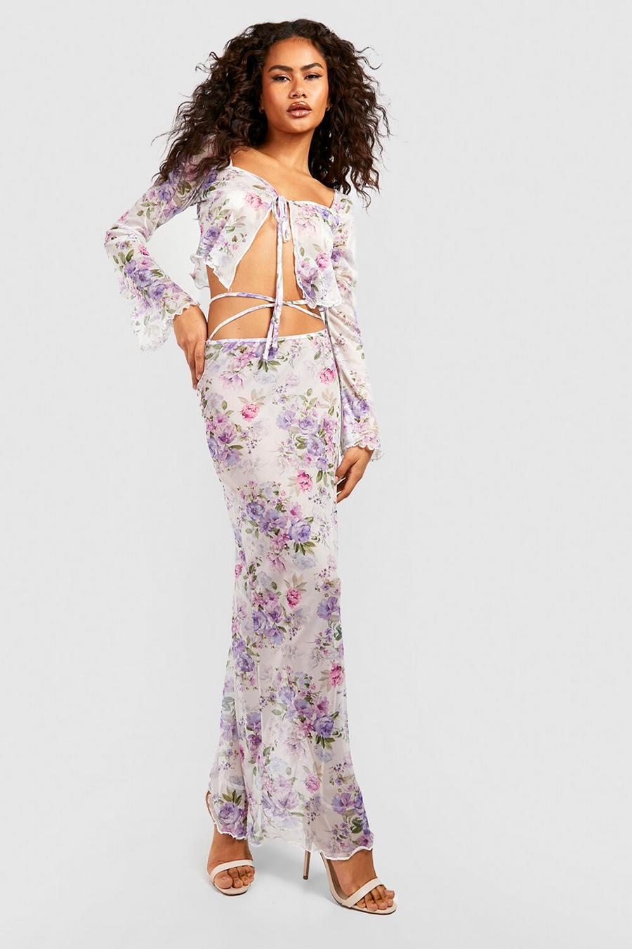 Vestido maxi con atadura en la cintura y top crop de malla con estampado de flores, Lilac