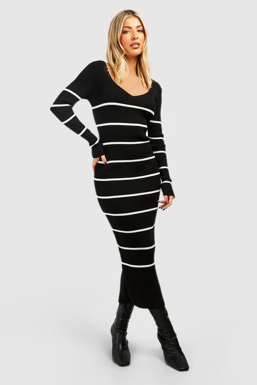 Black Long Sleeve Stripe Midi Knit Dress image number 1
