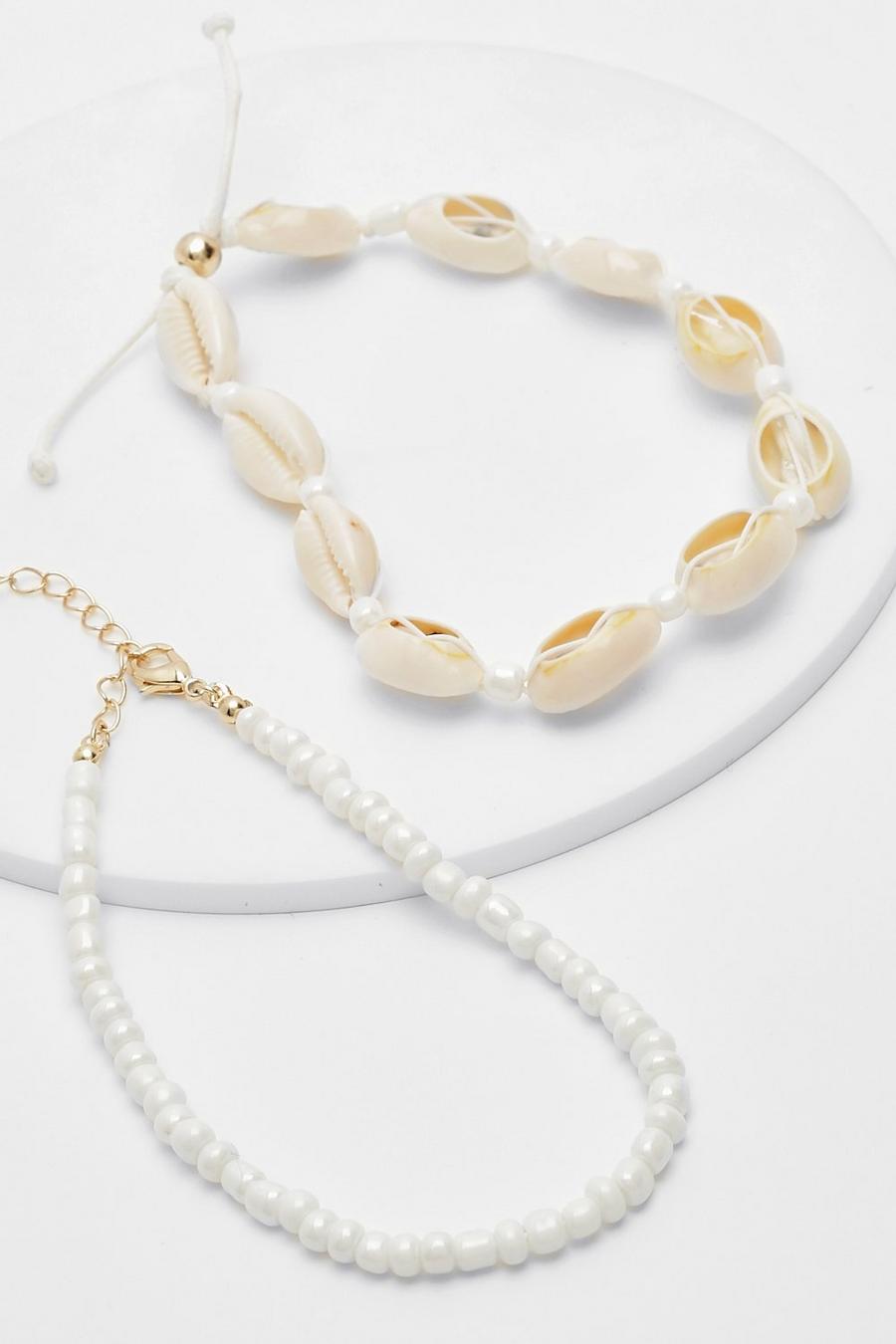 Lot de 2 bracelets de cheville coquillages et perles, White