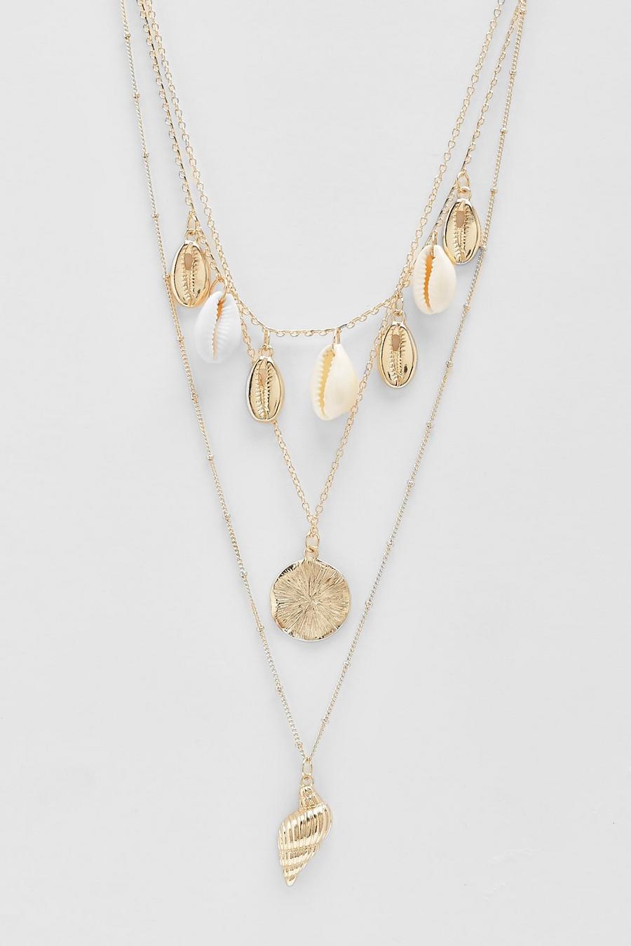 Mehrlagige Halskette mit Muschel-Anhänger, Gold