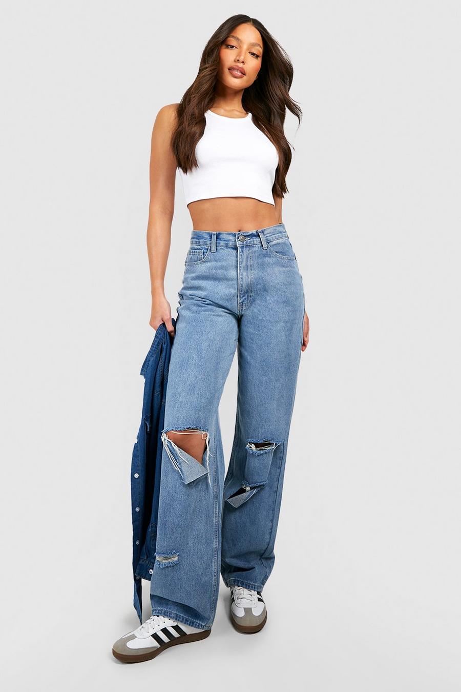 Light wash Tall Ripped Knee Mid Rise Baggy Boyfriend Jeans image number 1