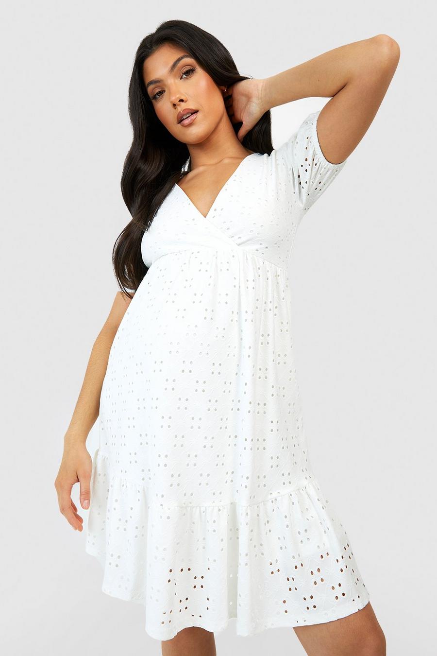 White Maternity Jersey Broderie Wrap Tiered Smock Dress image number 1
