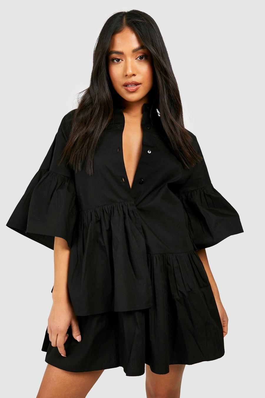 Petite - Robe chemise en coton à volants, Black