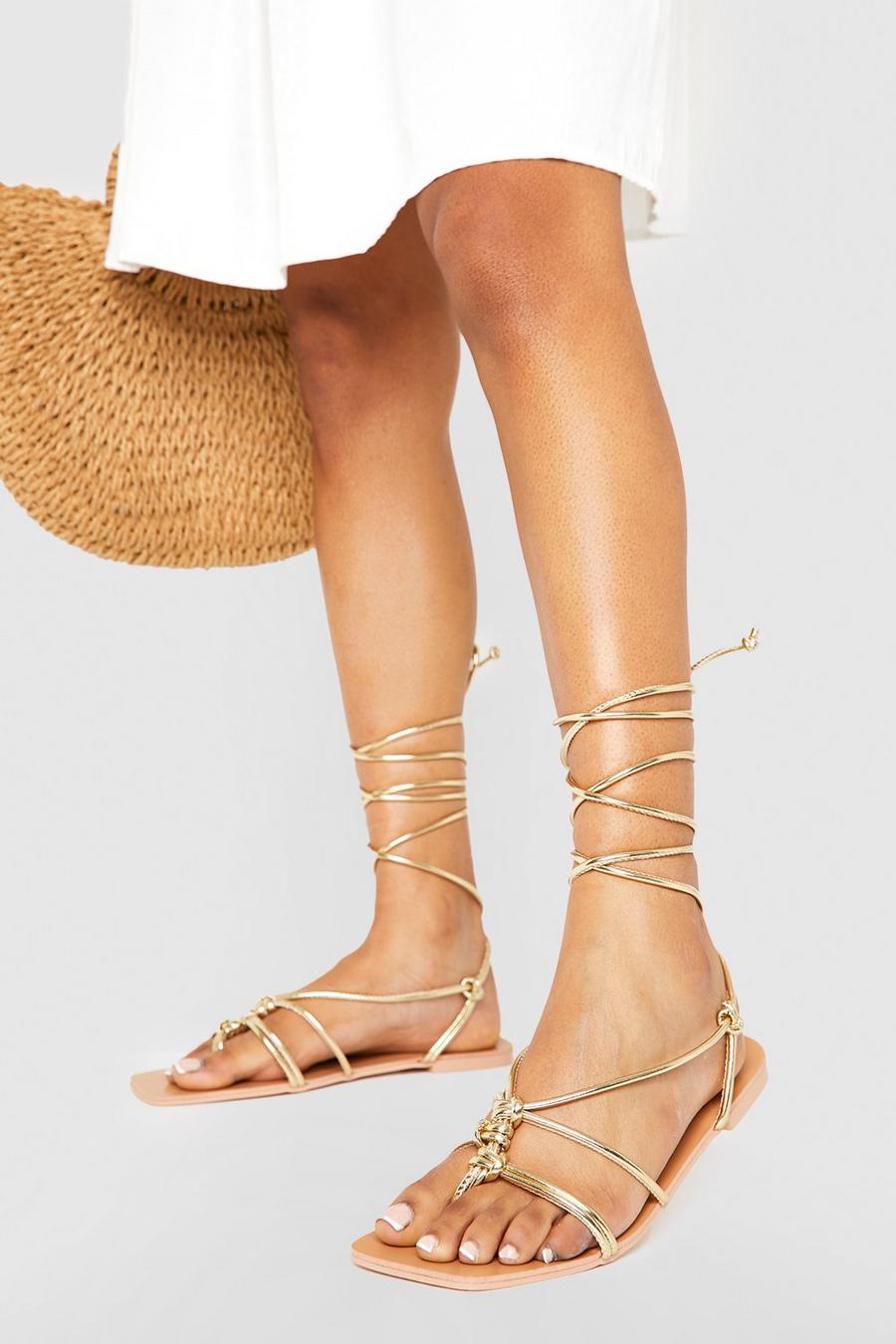 Gold Wide Fit Knot Detail Crossover Strap Tie Leg Sandals   