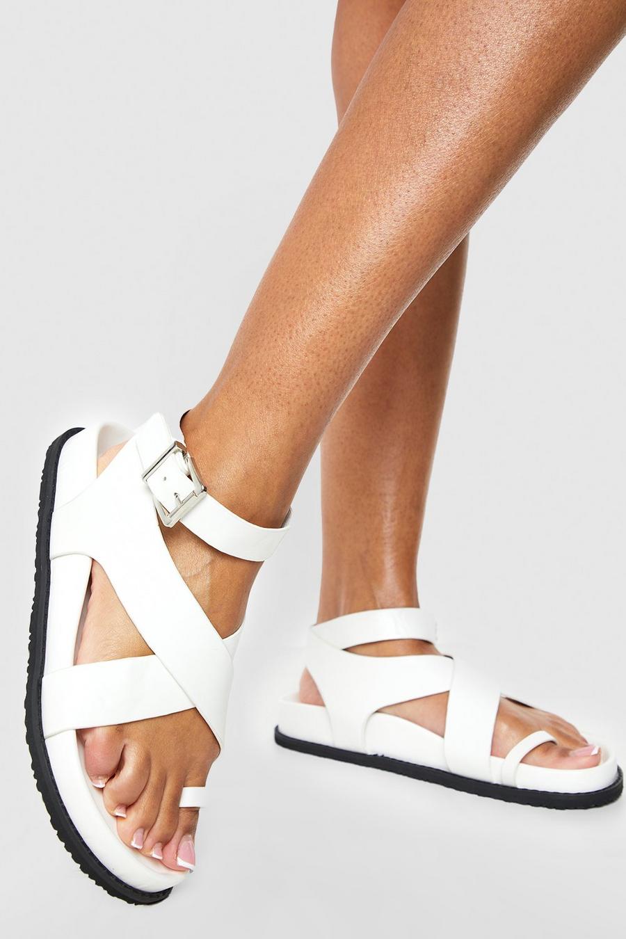 White Wide Fit Cross Strap Toe Post Sandals