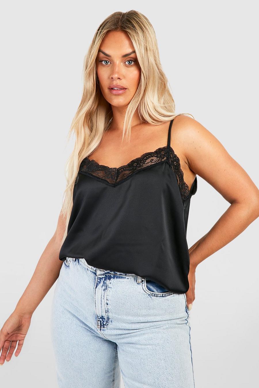 Black Plus Lace Trim Satin Cami