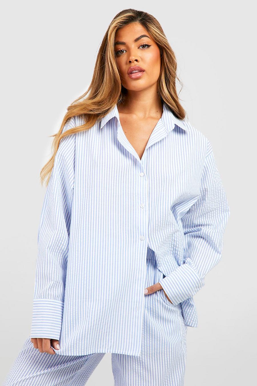 Blue Oversized Katoenen Pyjama Blouse Met Krijtstrepen image number 1