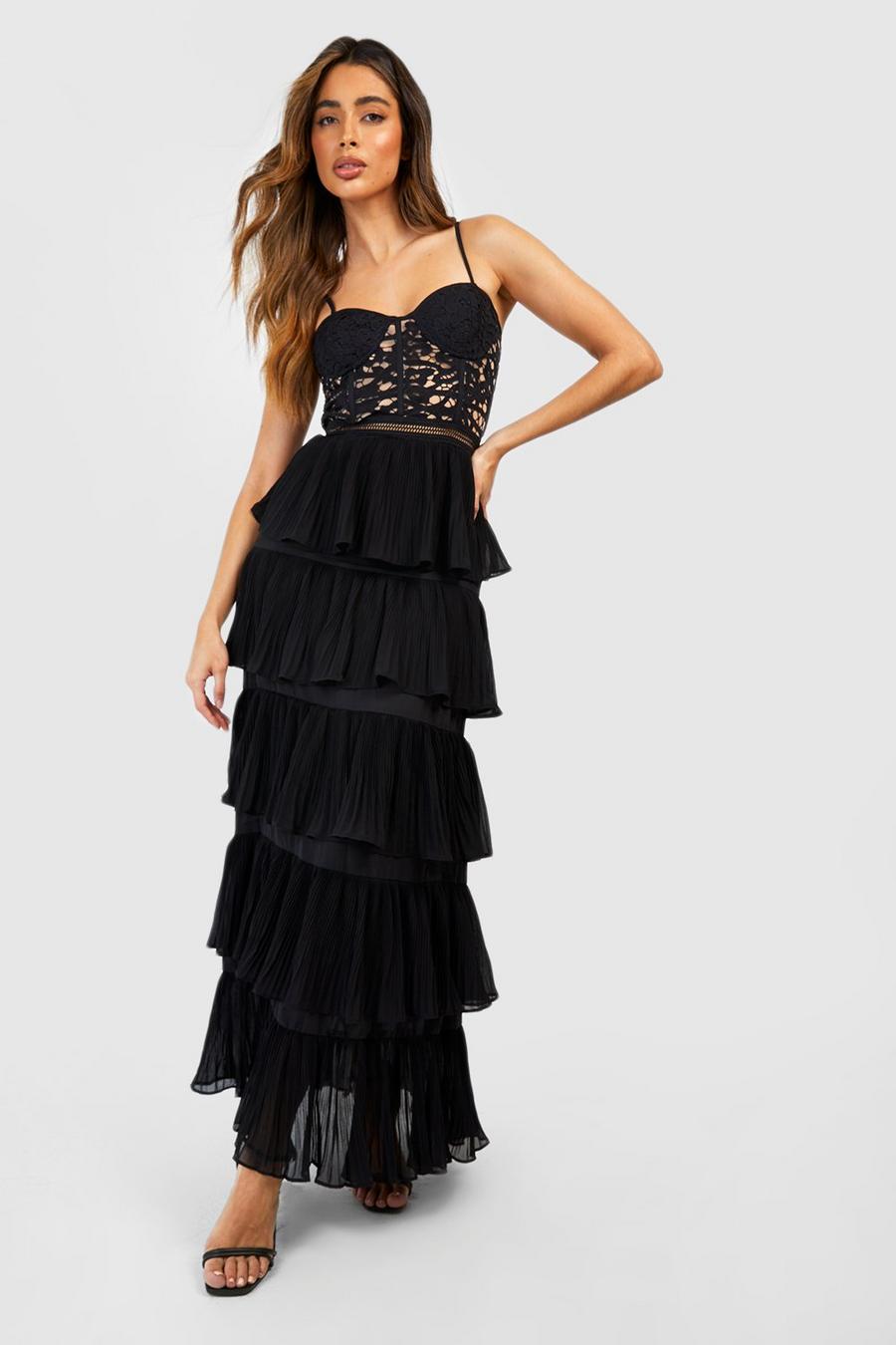 Black Lace Corset Detail Pleated Maxi Dress