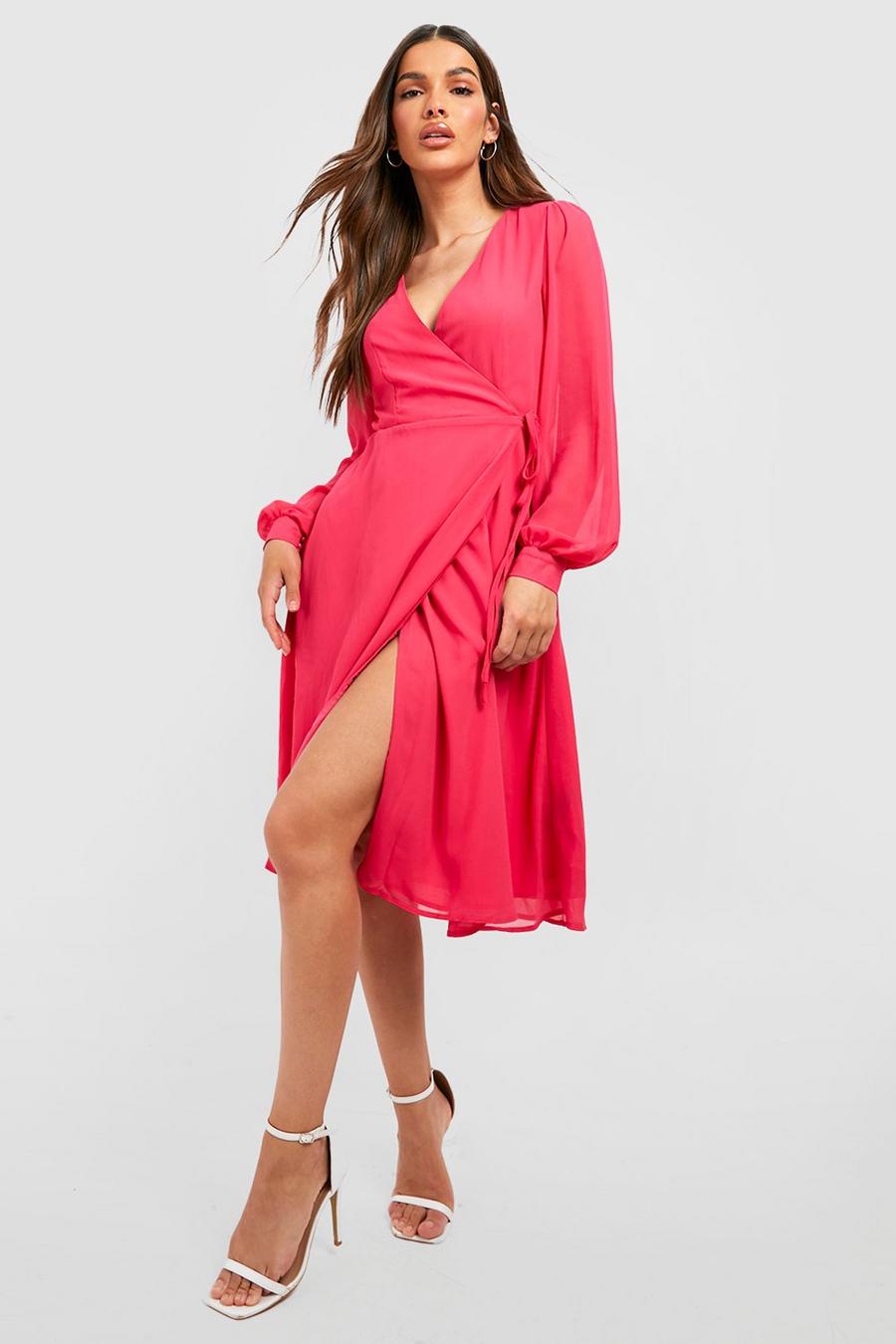 Hot pink Chiffon Wrap Long Sleeve Midi Dress
