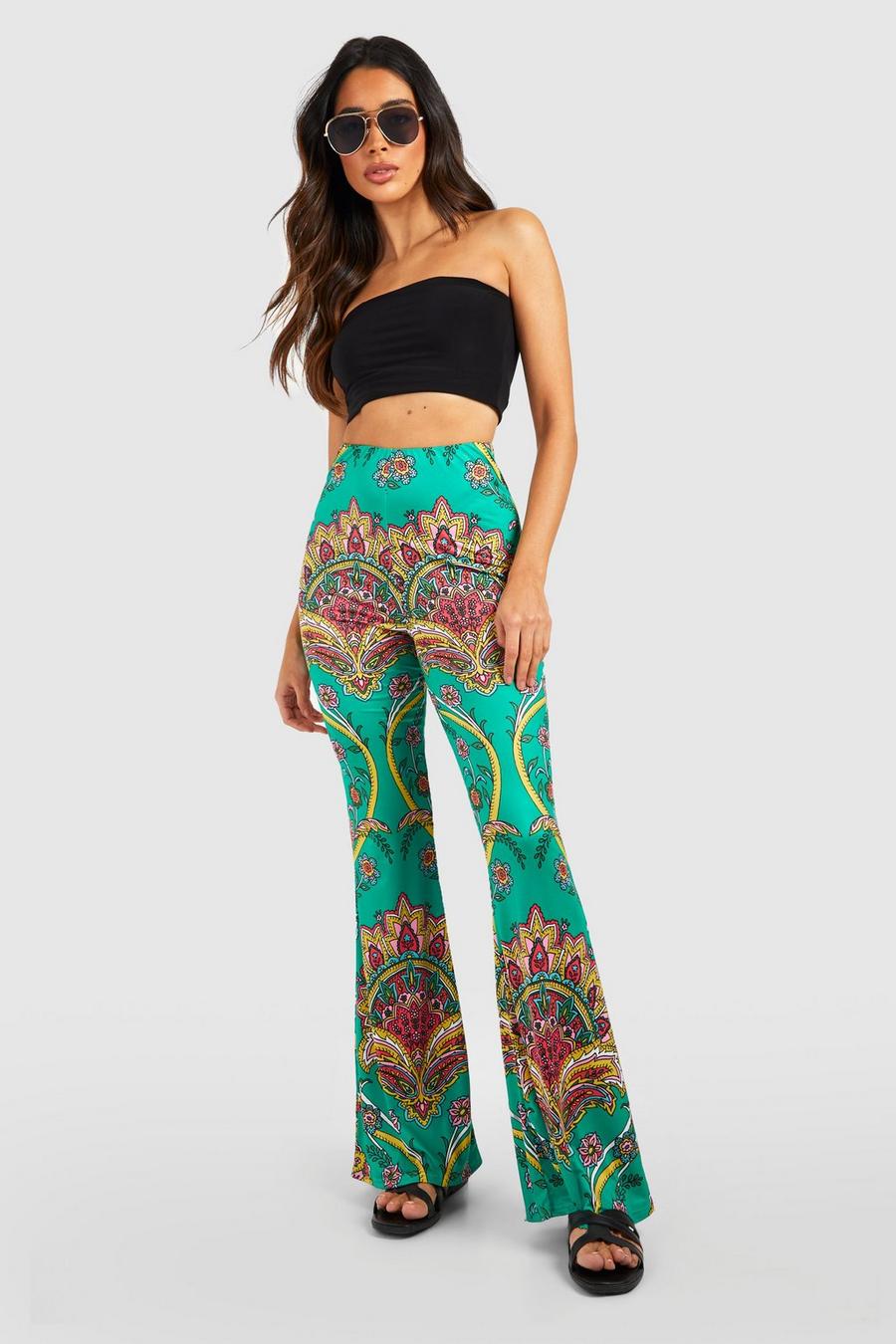 Green Paisley Printed Slinky Flared Trousers