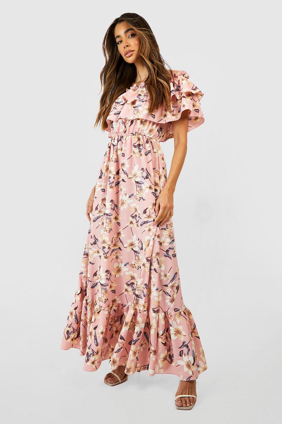 Blush Floral Ruffle Off The Shoulder Maxi Dress