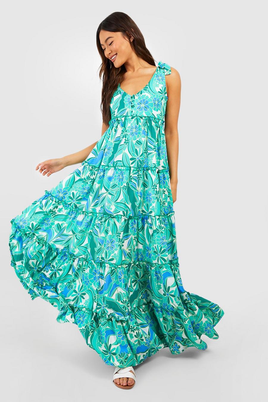 Green Floral Tiered Frill Maxi Dress