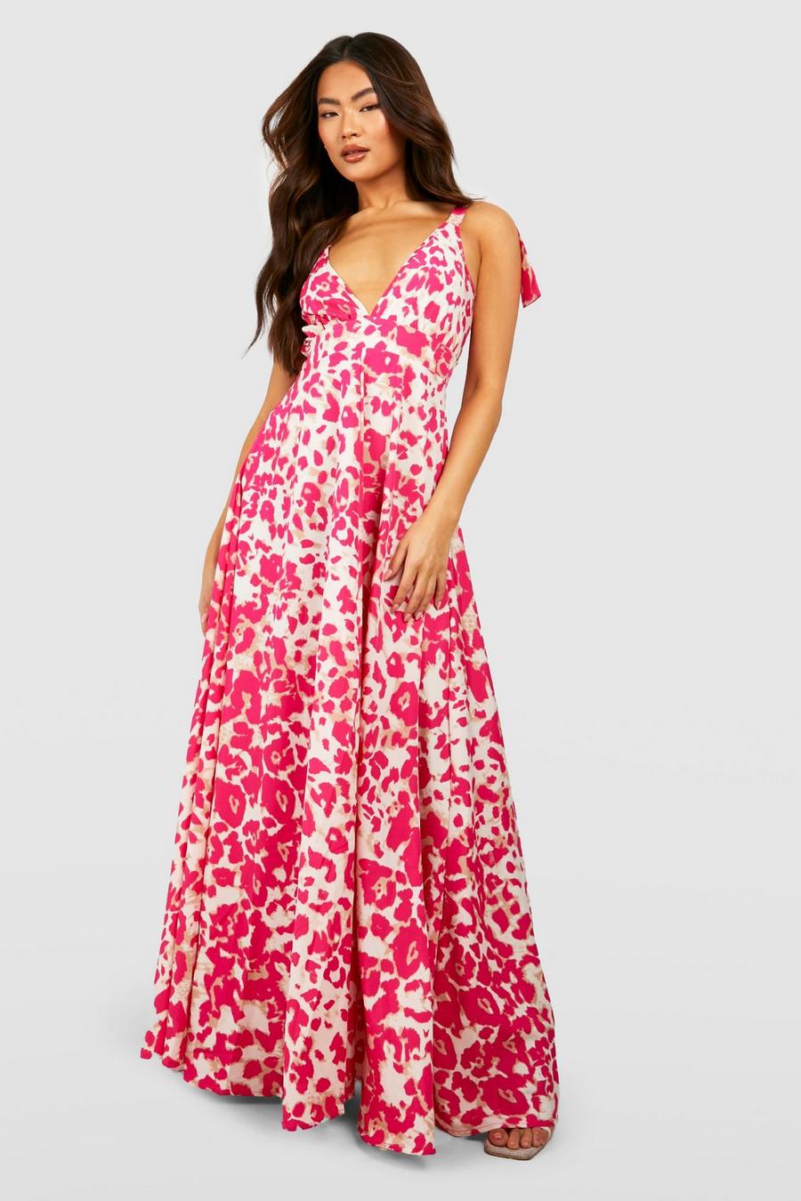 Pink Animal Tie Shoulder Plunge Maxi Dress