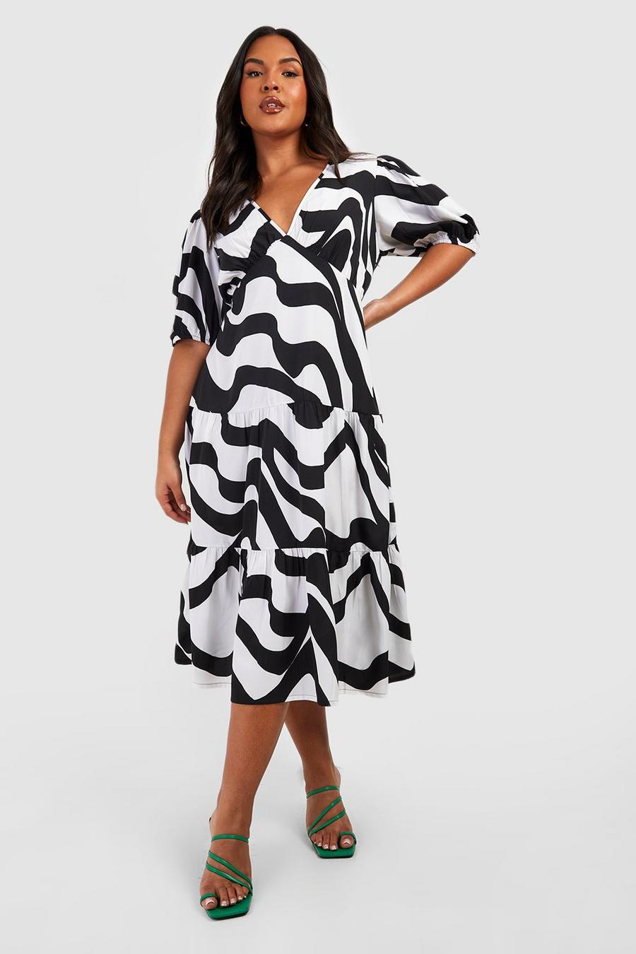 Black Plus Mono Print Midi Smock Dress