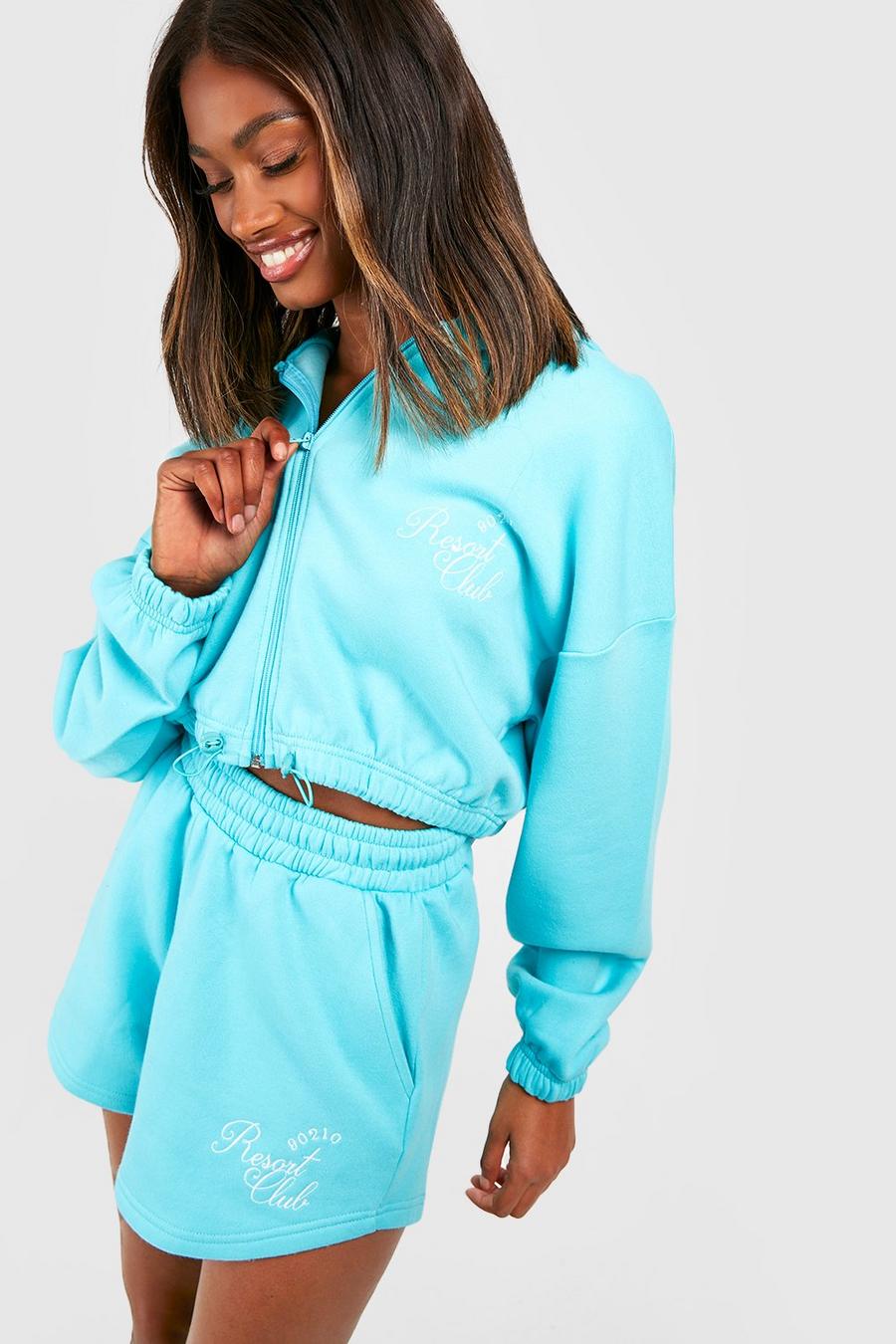 Aqua blue Cropped Zip Through Embroidered Short Tracksuit 
