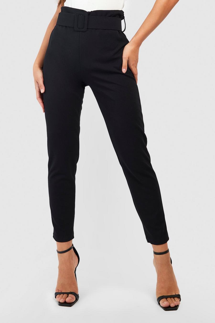 Black High Waisted Buckle Belted Cigarette Pants