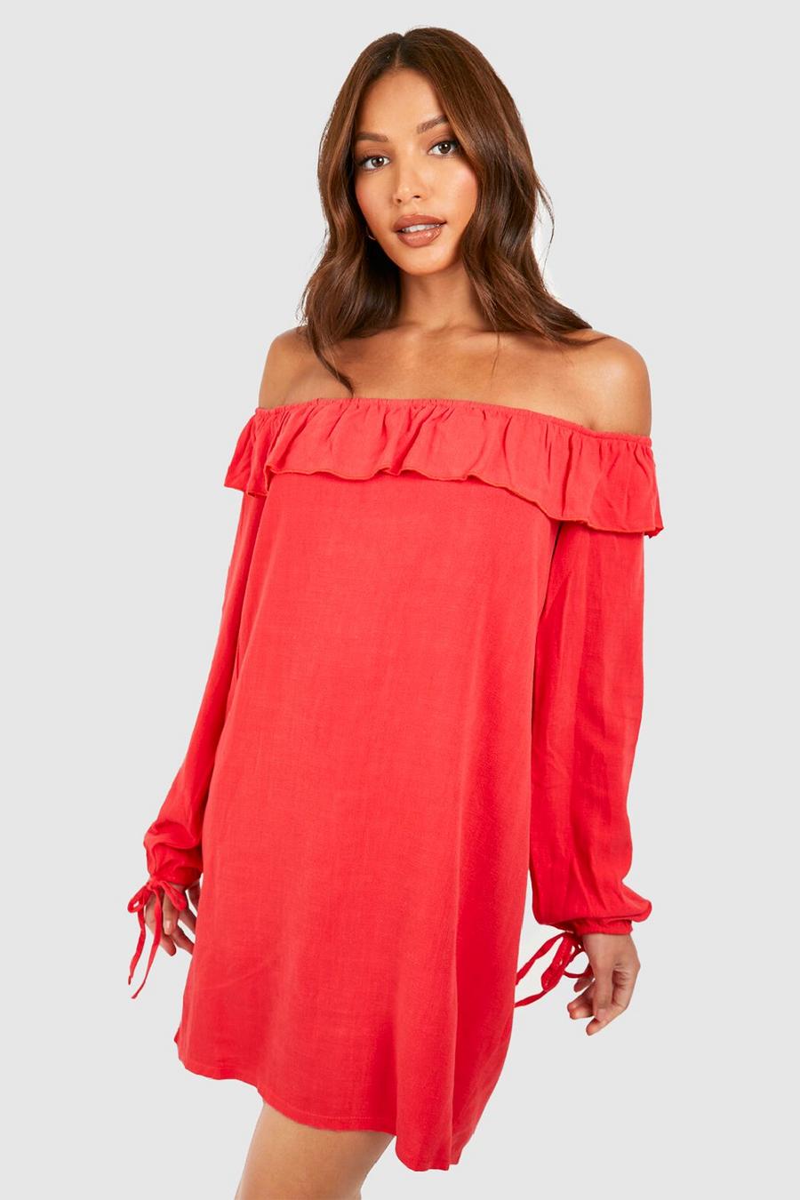 Coral Tall Linen Ruffle Off The Shoulder Swing Mini Dress image number 1