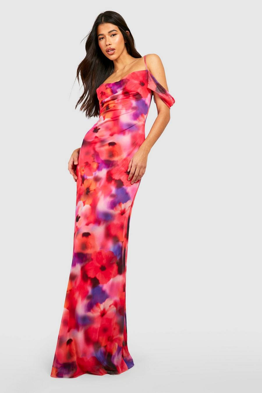 Pink Tall Blurred Floral Cold Shoulder Cowl Maxi Dress