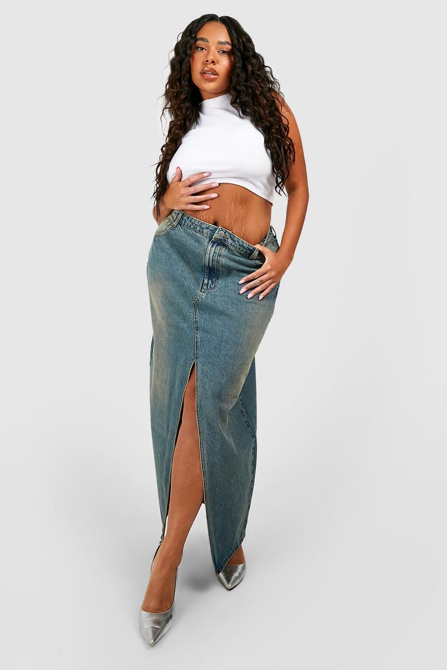 Grande taille - Jupe longue fendue délavée en jean, Vintage wash