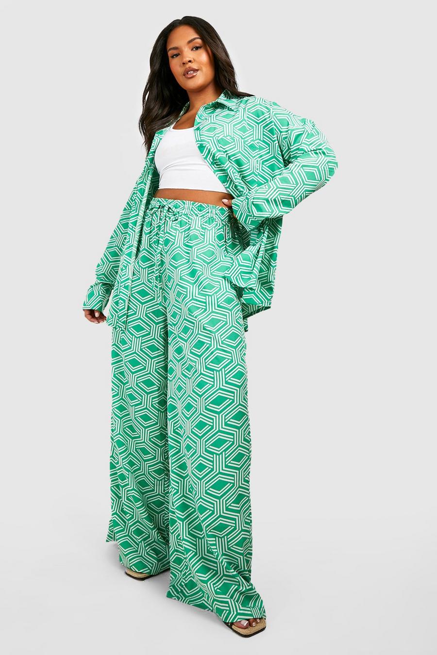 Grande taille - Pantalon large imprimé géométrique, Green