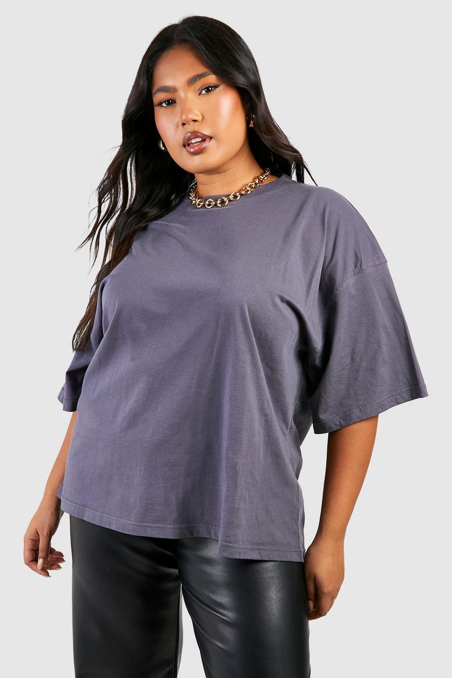 Plus Oversize Basic Rundhals T-Shirt aus Baumwolle, Charcoal