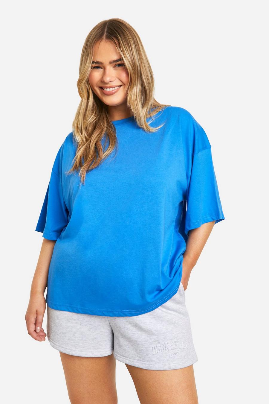 Camiseta Plus oversize básica de algodón con cuello de caja, Cobalt