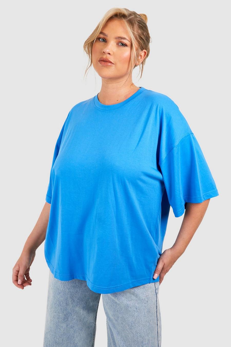 Plus Basic Oversize Rundhals T-Shirt aus Baumwolle, Cobalt