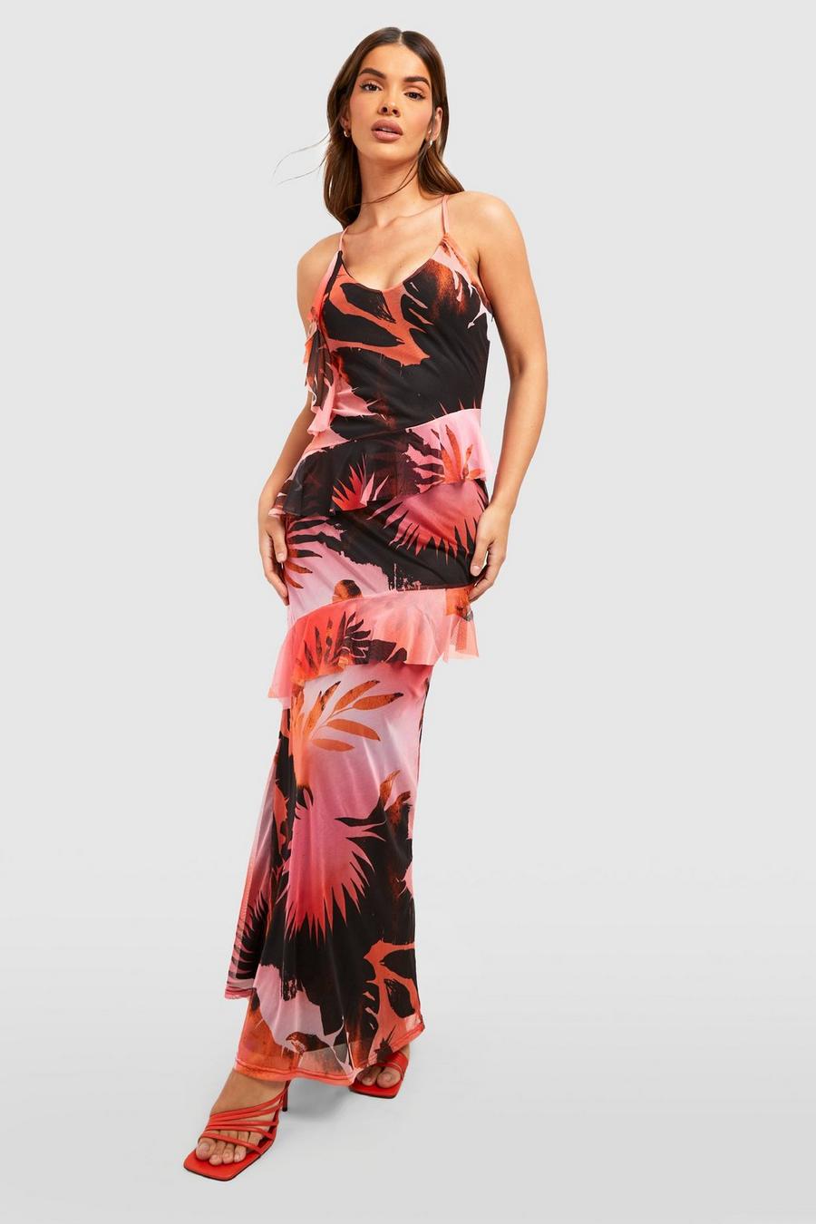 Pink Abstract Palm Print Ruffle Mesh Maxi Dress