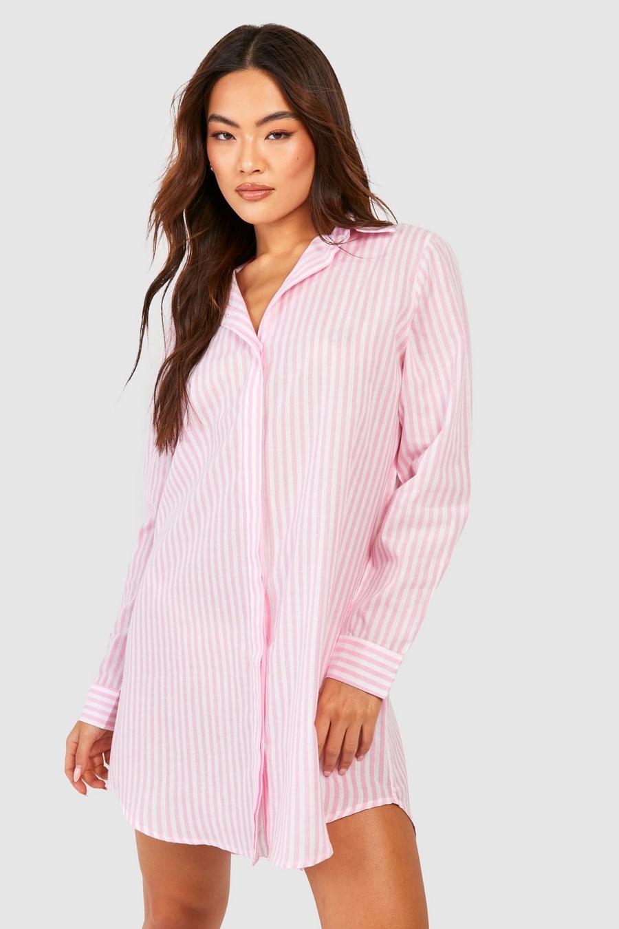 Gestreiftes Oversize Hemdkleid aus Baumwolle, Pink