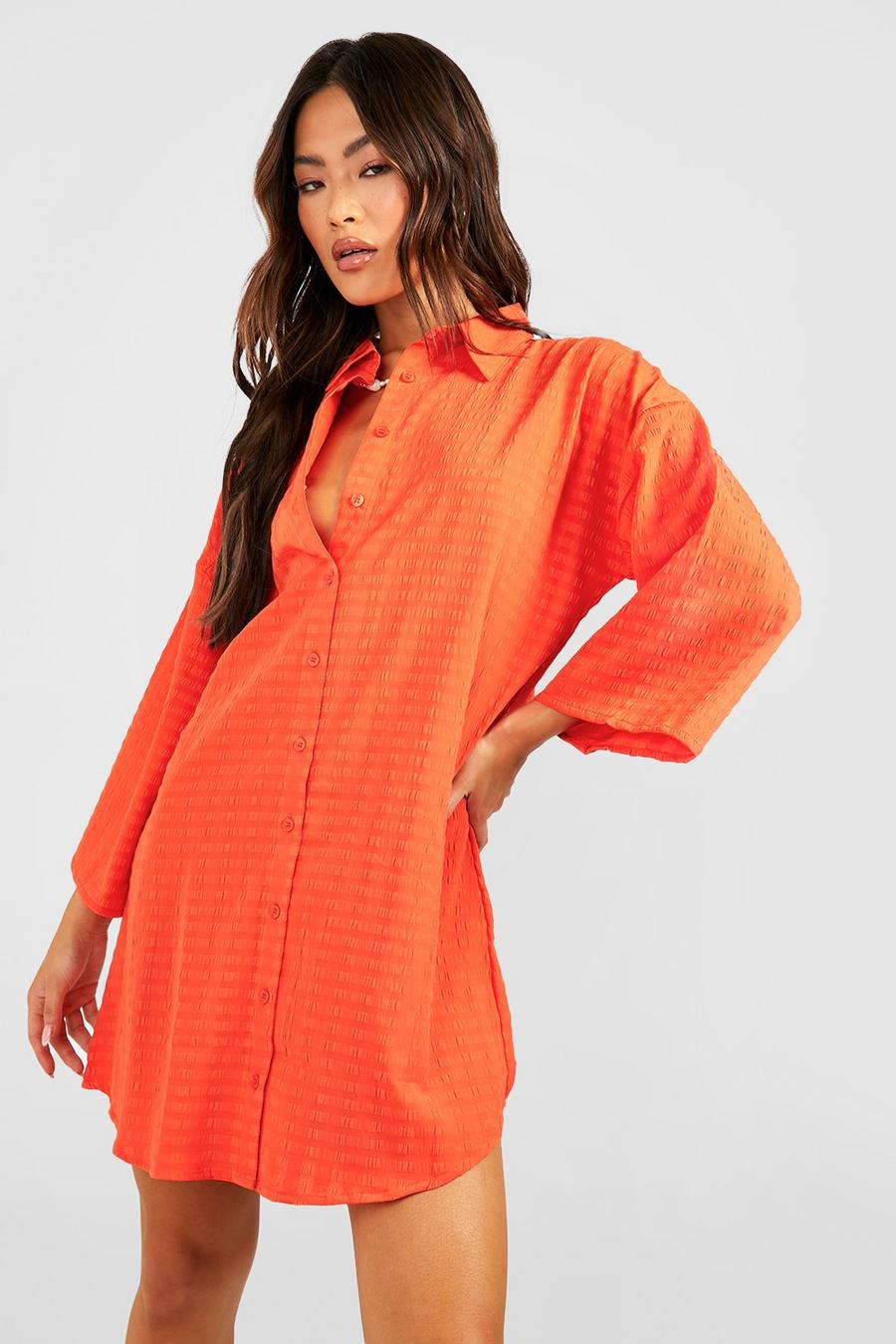 Strukturiertes Oversize Hemd-Kleid, Orange