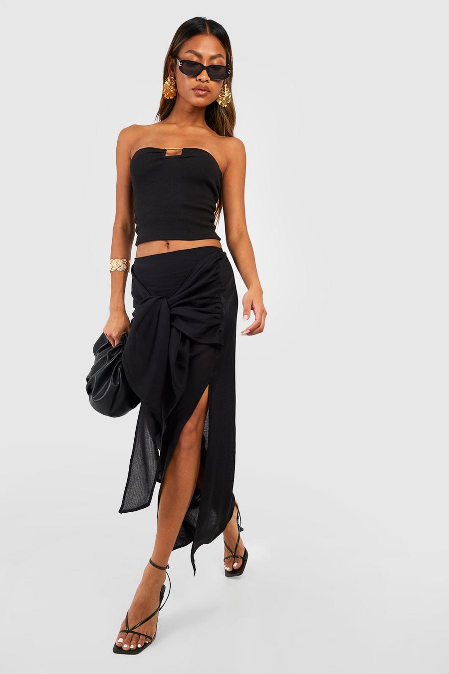 Black Textured Cheesecloth Knot Front Maxi Skirt