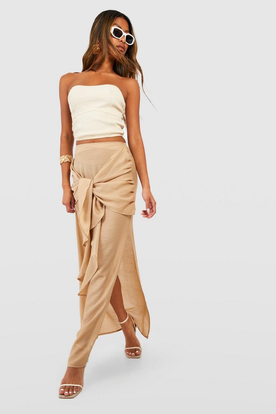 Brown Textured Cheesecloth Knot Front Maxi Skirt