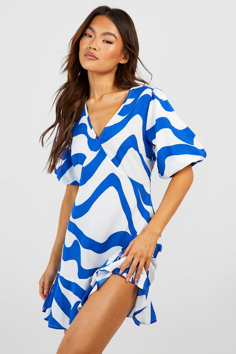 Cobalt Puff Sleeve Printed Skater Dress