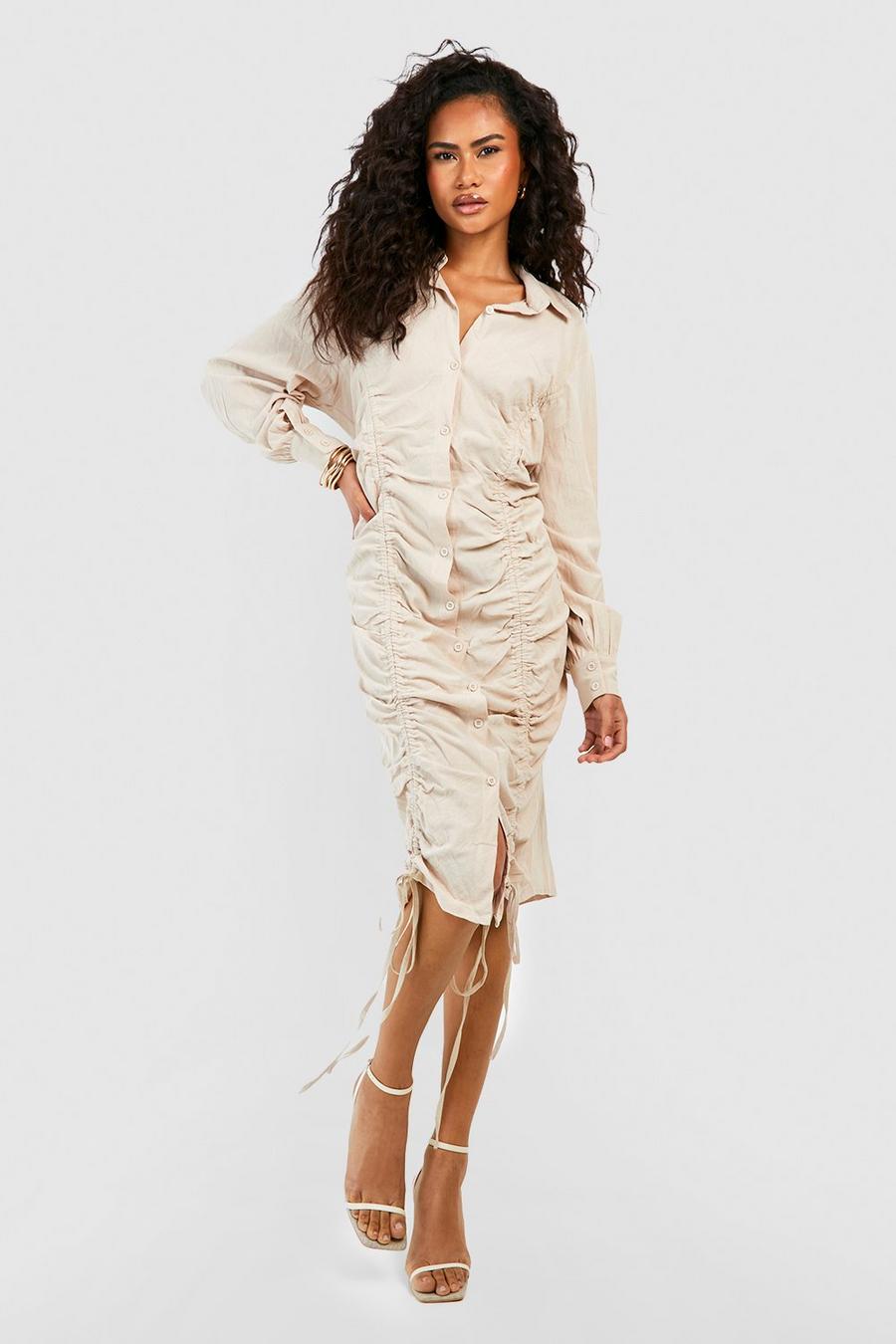 Stone Ruched Linen Midi Shirt Dress image number 1
