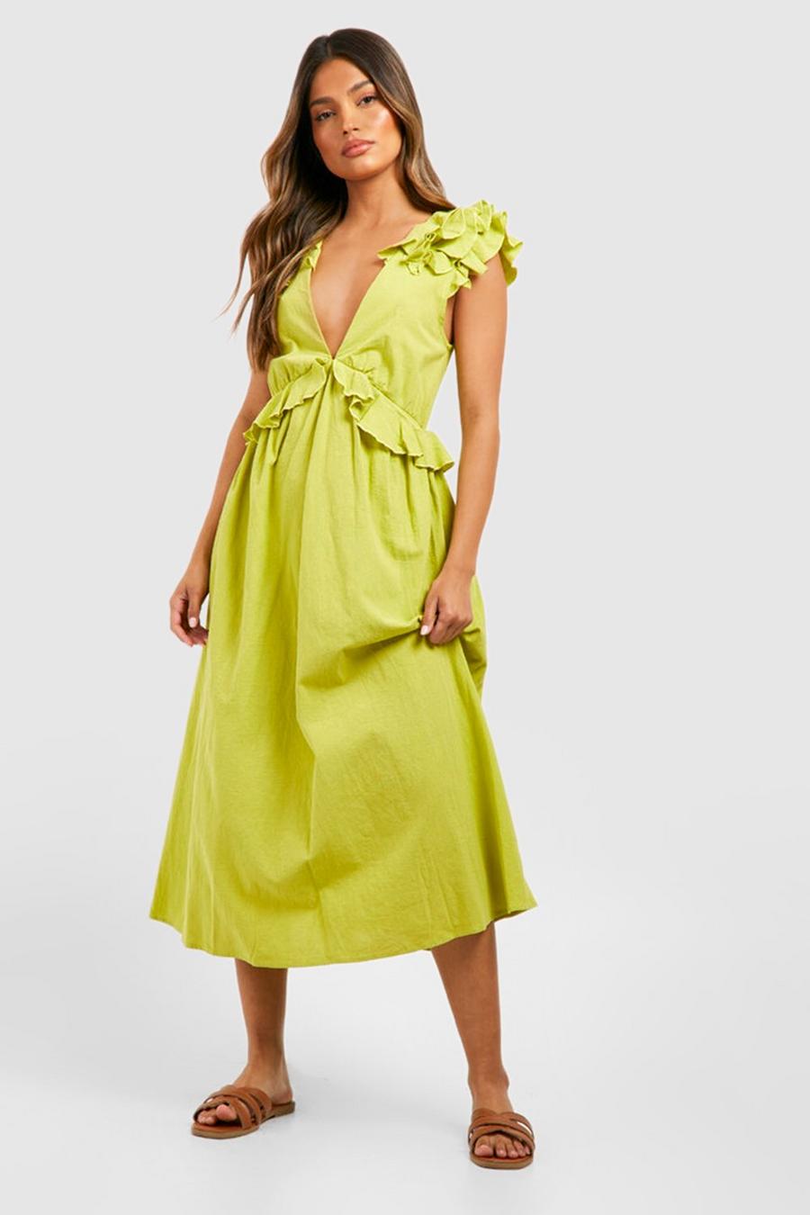 Lime Linen Ruffle Shoulder Midi Dress image number 1