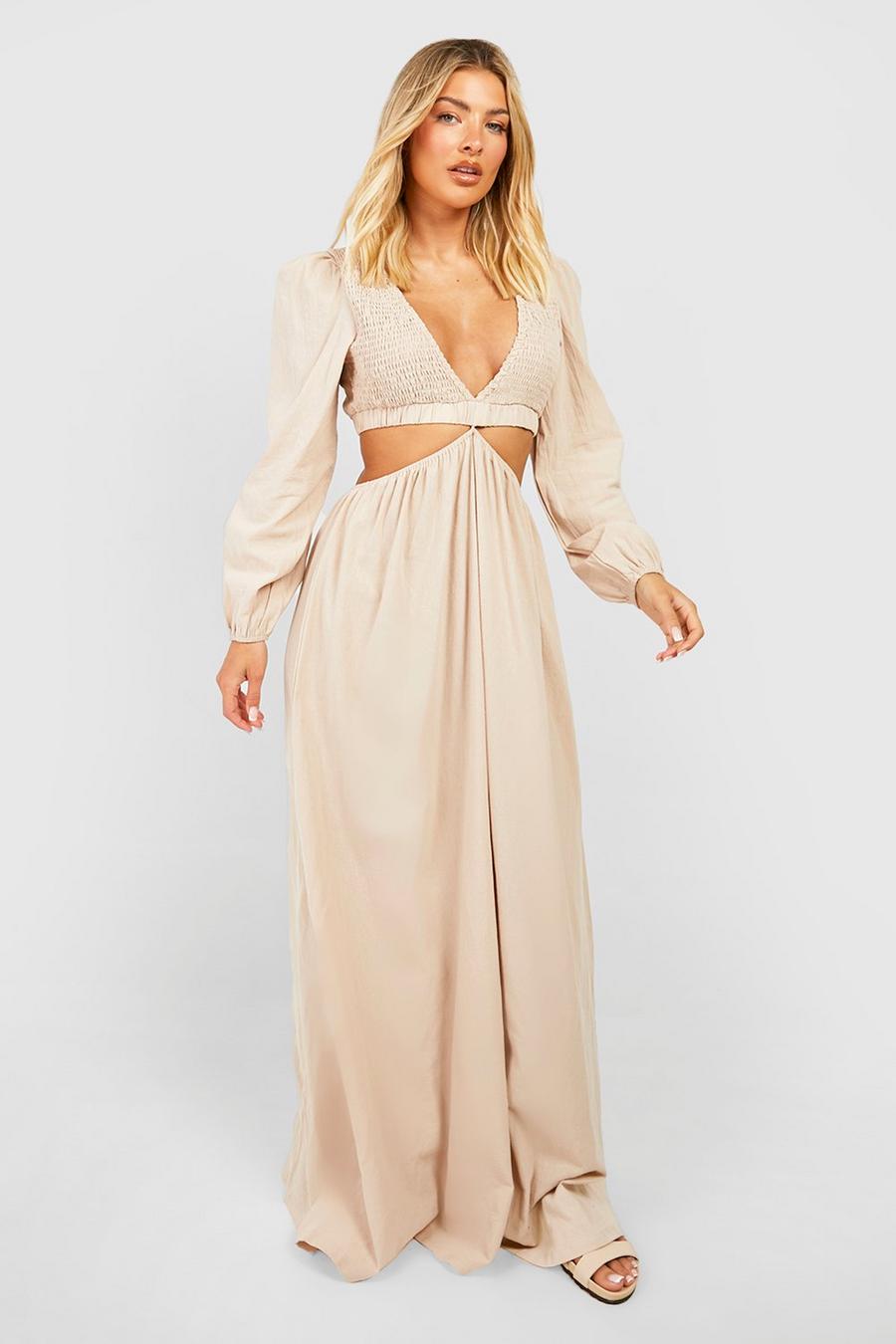 Stone Linen Shirred Detail Cut Out Maxi Dress