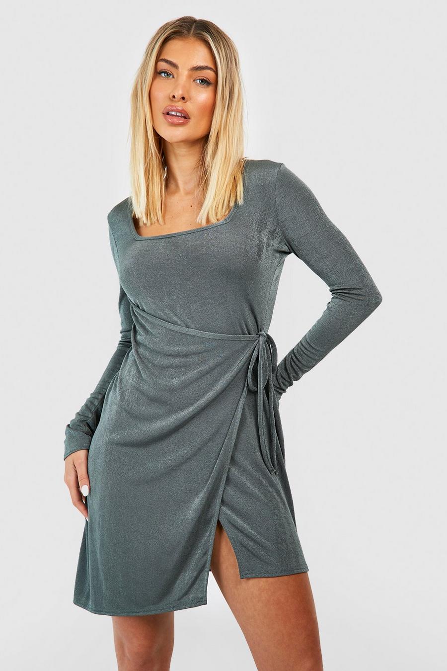 Olive Textured Slinky Wrap Mini Dress