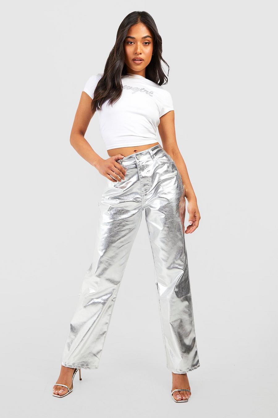 Silver Petite Metallic Zilveren High Rise Jeans Met PU Coating En Rechte Pijpen