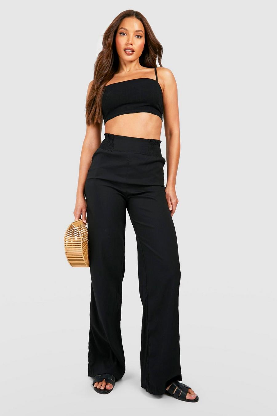 Black Tall Shirred High Waisted Linen Look Wide Leg Trousers image number 1