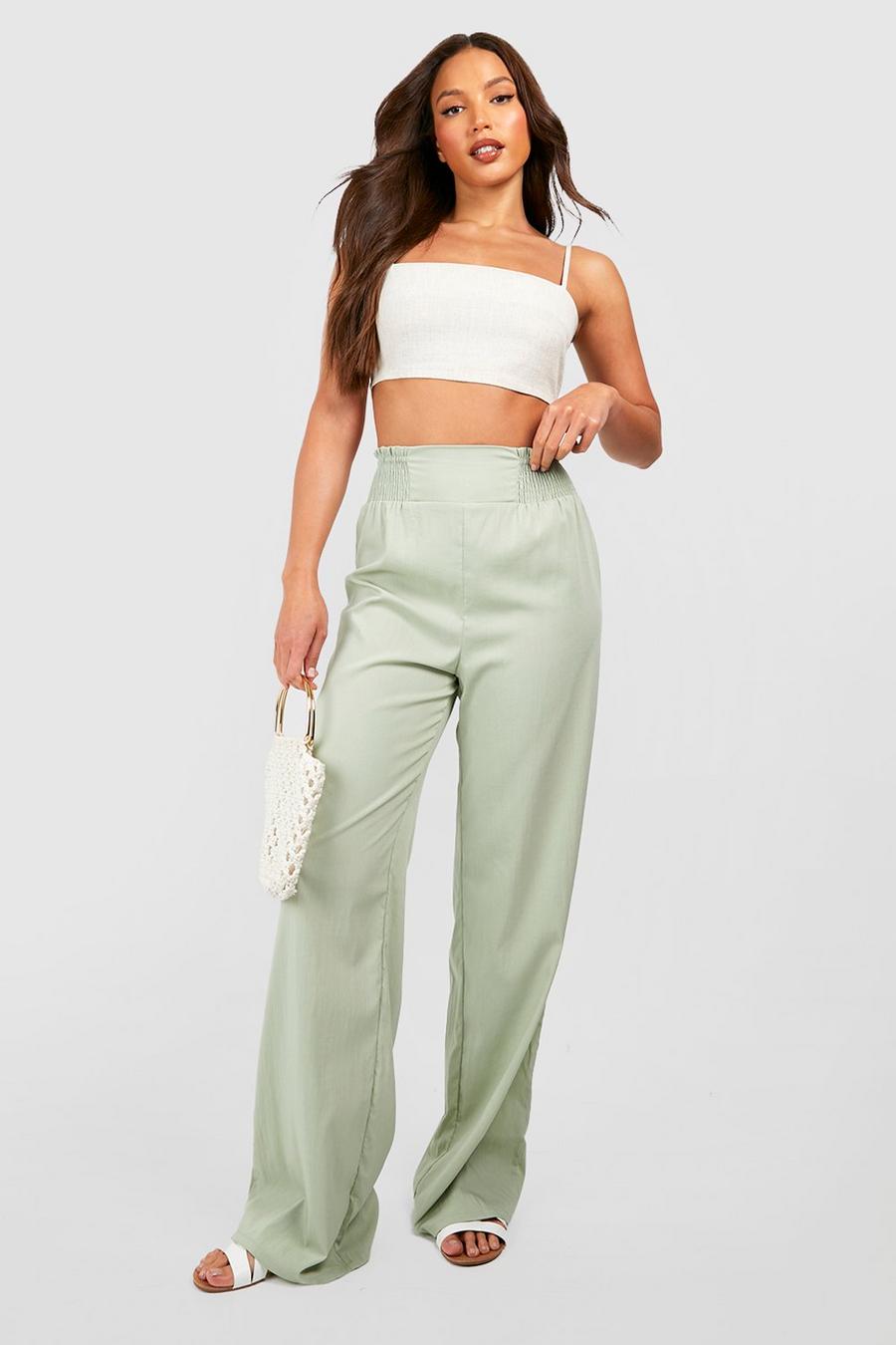 Sage Tall Shirred High Waisted Linen Look Wide Leg Trousers