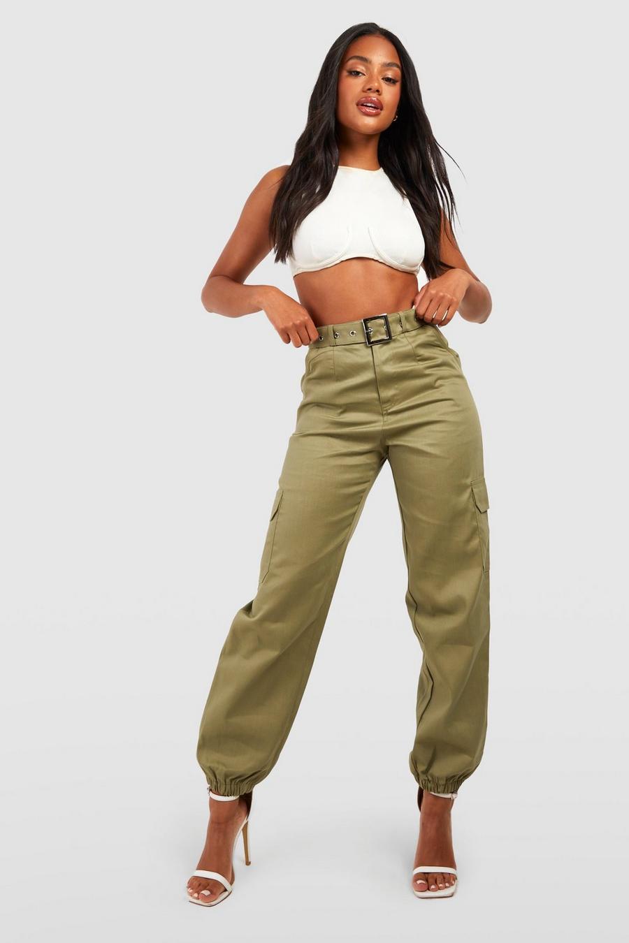 Khaki Eyelet Belted Cargo Cuffed Jogger