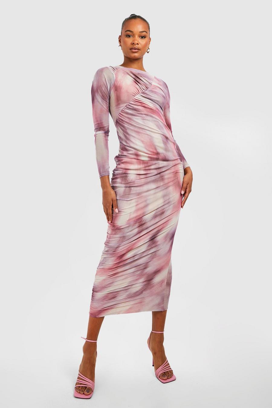 Pink Tall Marble Mesh Long Sleeve Midi Dress image number 1