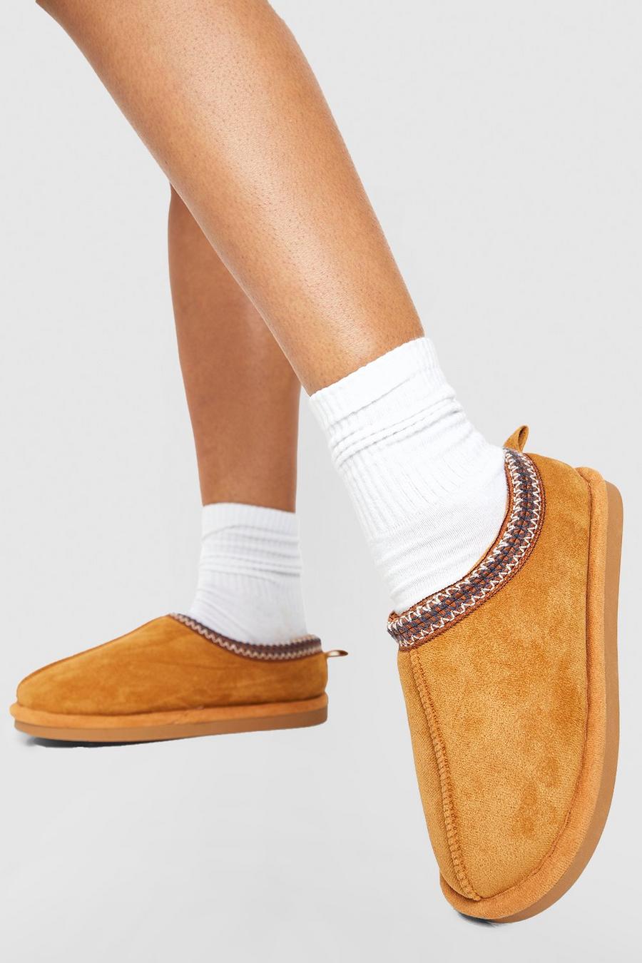 Chestnut Embroidered Slip On Cozy Mules