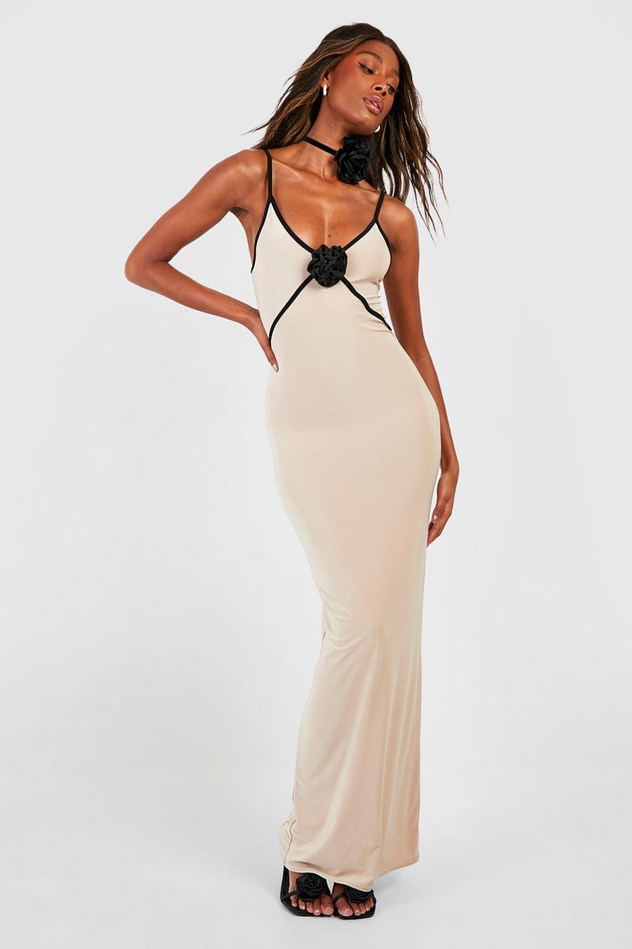 Stone Contrast Binding Strappy Maxi Dress