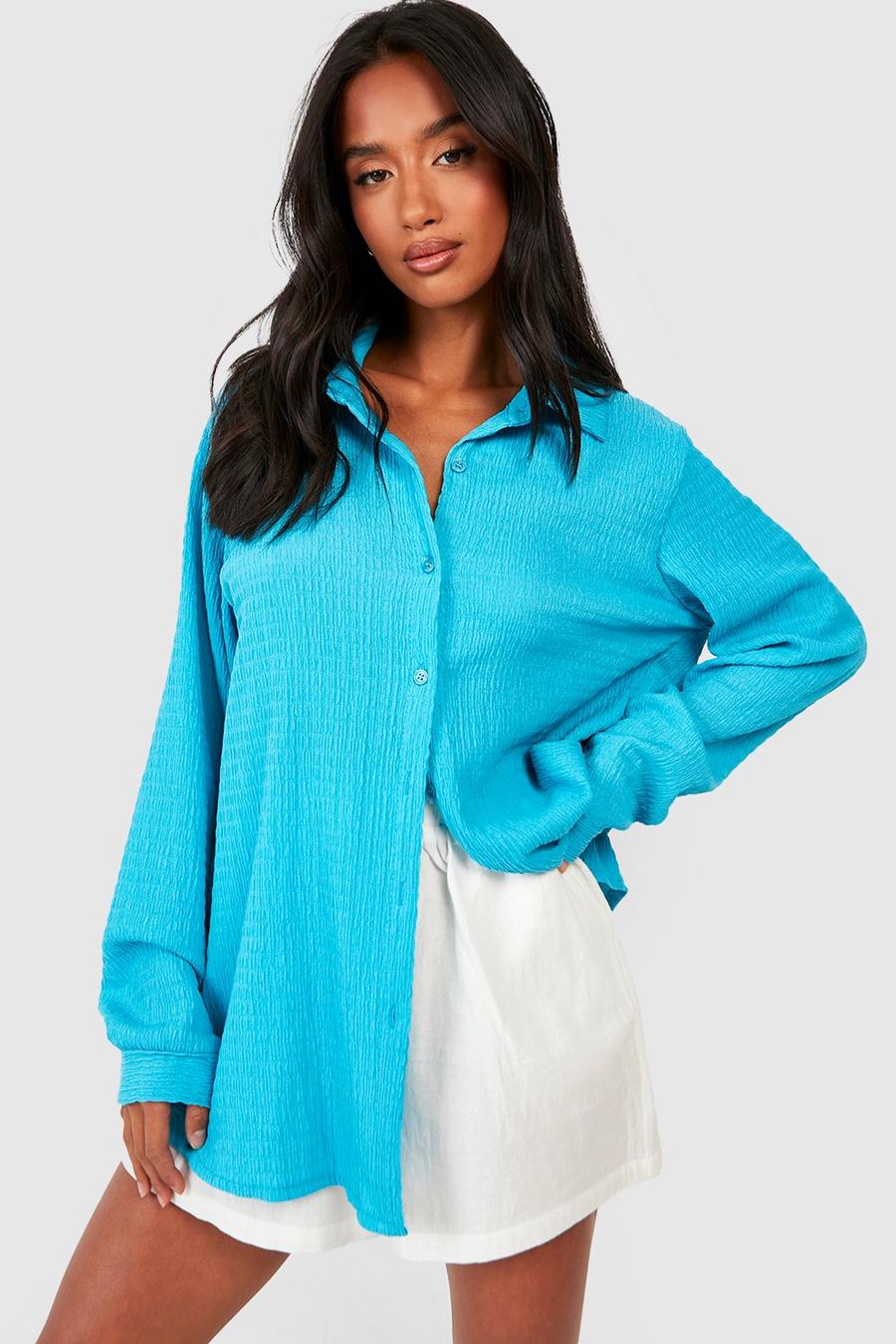 Turquoise Petite Crinkle Oversized Shirt